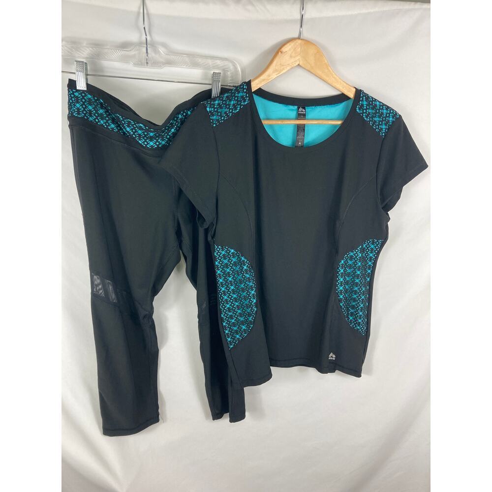 RBX Woman's Black Blue Mesh Detail Legging Top Set Size XL